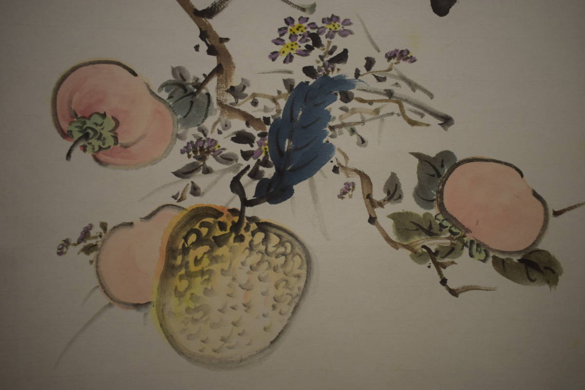 真作/天来/花瓶/白梅/柿/画賛/布袋屋掛軸HI-879 真作/天来/花瓶/白梅