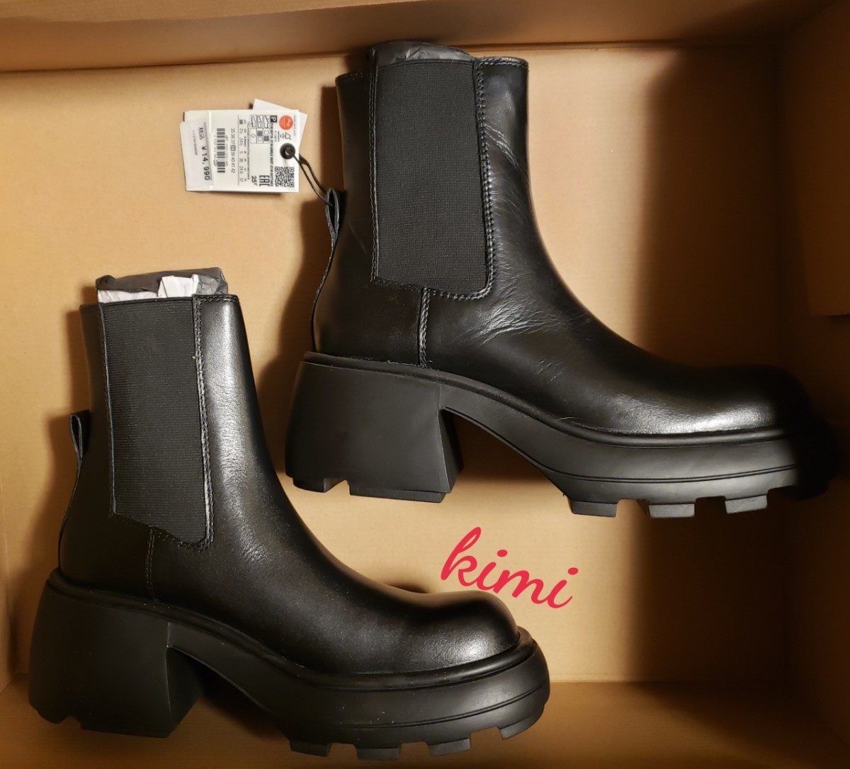 ZARA (38 黒) リアルレザー レザートラックソールアンクルブーツ