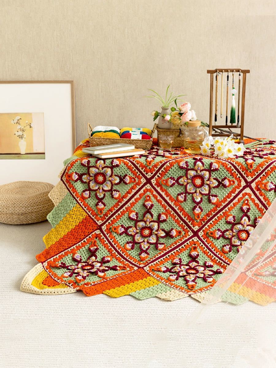 蓮華柄 手編み マルチカバー ベッドカバー こたつカバー ブランケット