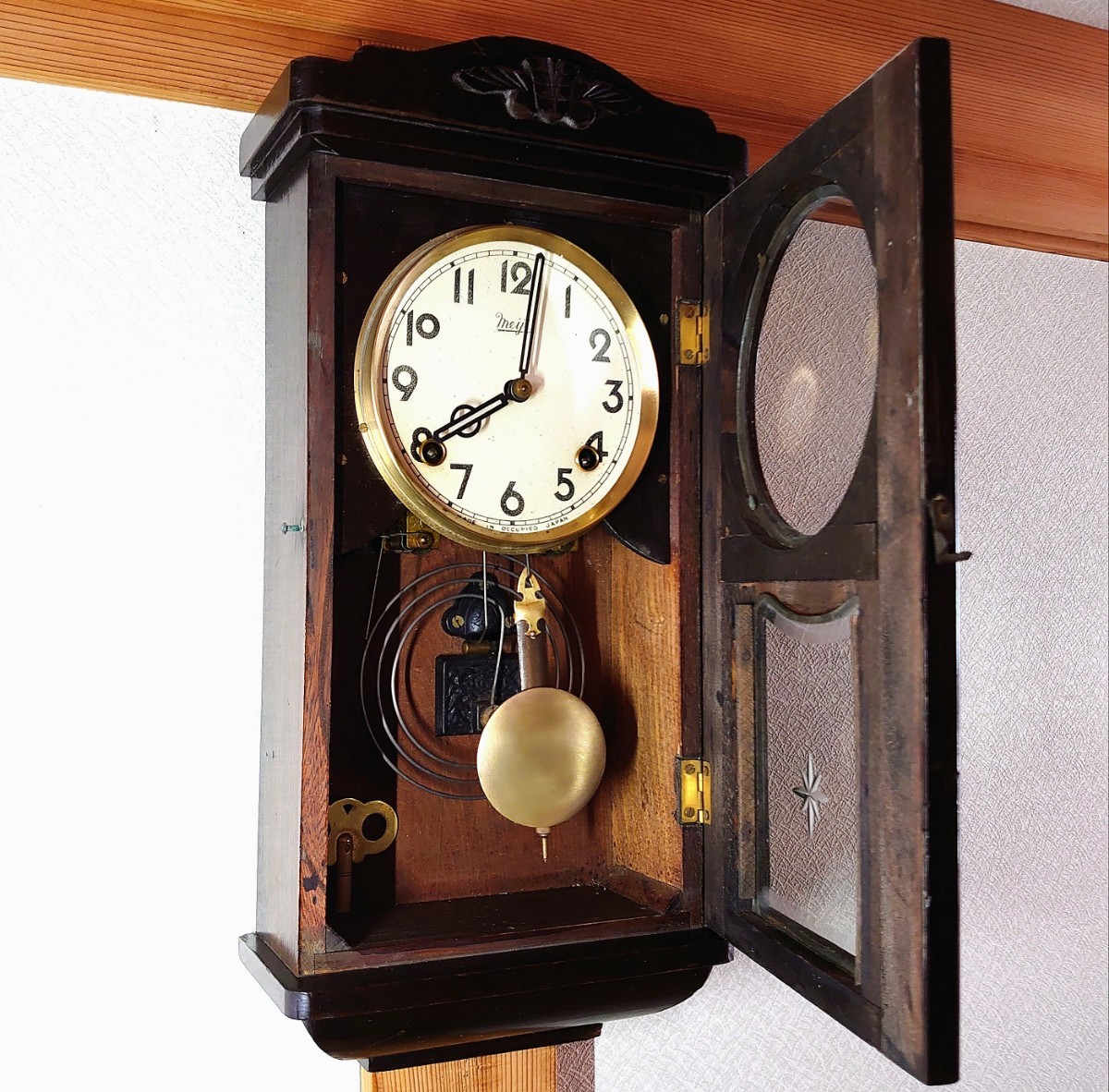 希少」昭和レトロ Meijiゼンマイ時計 オキュパイドジャパン 掛時計 古