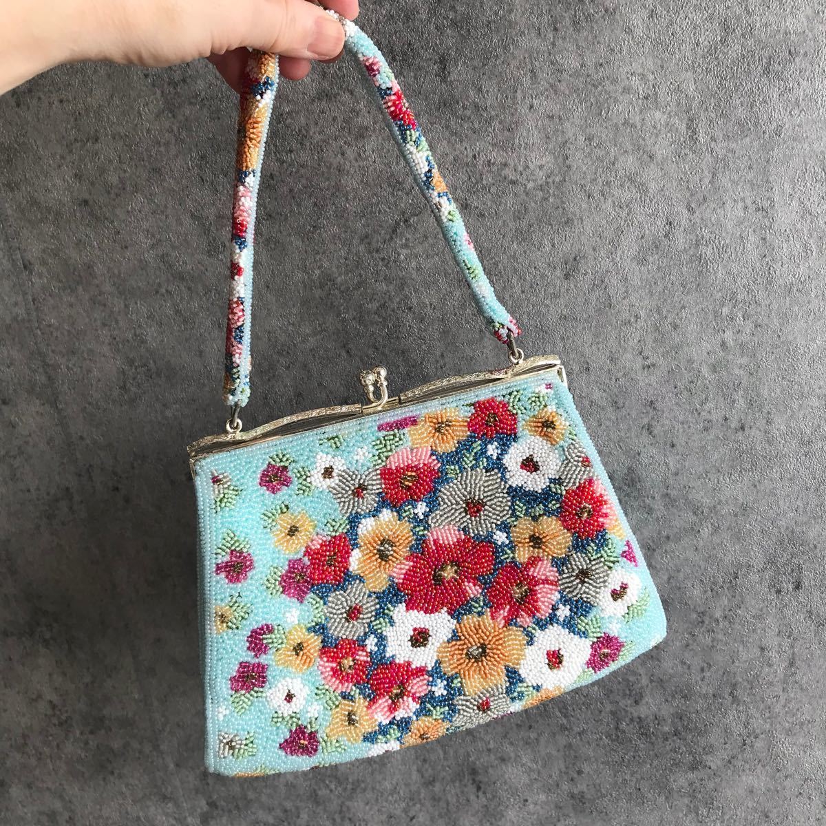 和装 ビーズ バッグ 水色×花 昭和 レトロ ヴィンテージ 小ぶり｜Yahoo