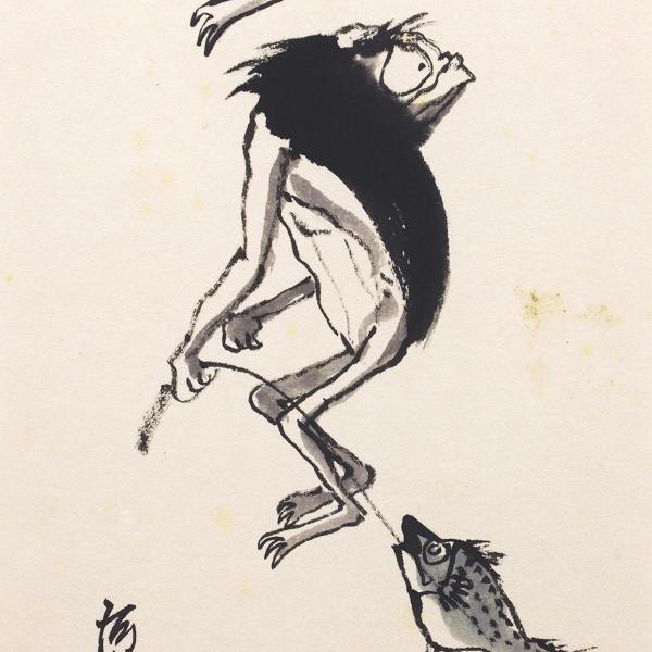 真作】【WISH】本庄基晃「河童帰巣圖」日本画 15号大 大作 〇仏画家 墨