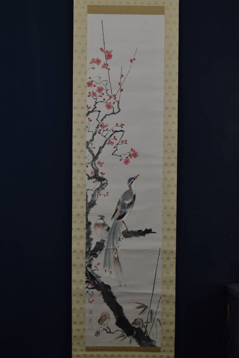 真作】植中直斎/梅花寿帯鳥図/掛軸☆宝船☆Z-916