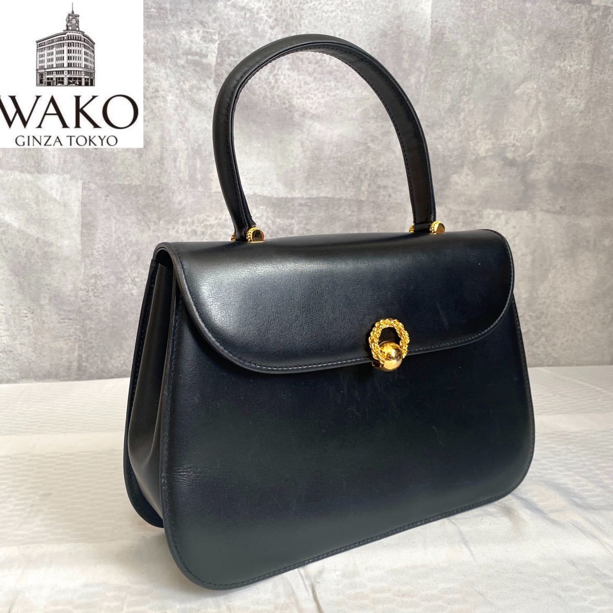 WAKO ワコウ 銀座 和光 定価12万 極上 カーフレザー ゴールド金具 黒