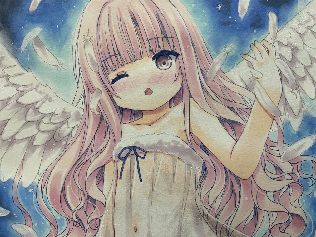 Yahoo!オークション - 手書きイラスト オリジナル 天使の女の子 A4サイ