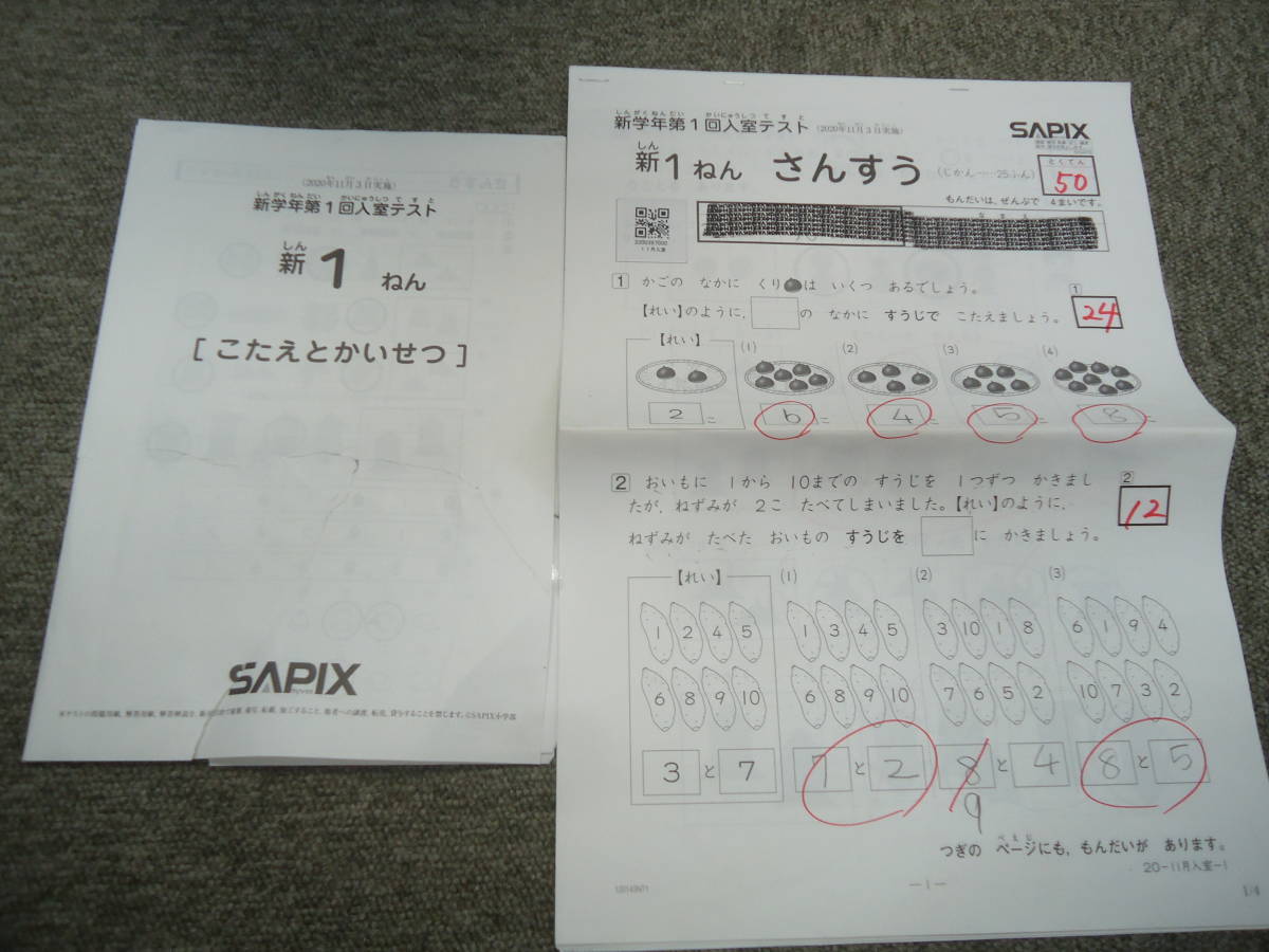 Yahoo!オークション - サピックス 新学年第1回入室テスト 新1年（未就