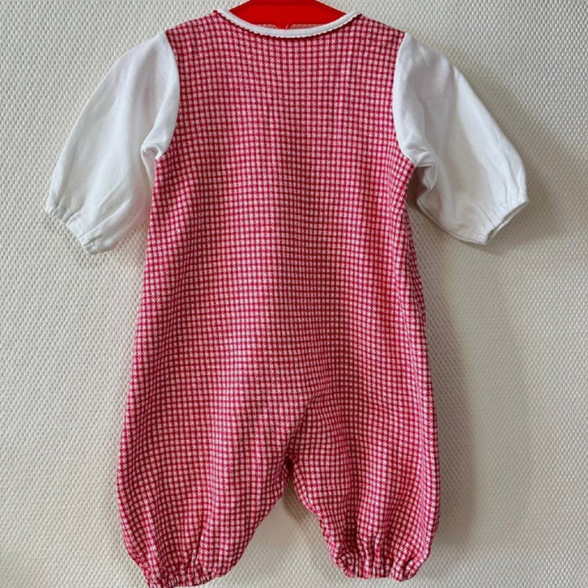 ファミリア ロンパース 半袖 赤チェック 60 スタイ ファミリア