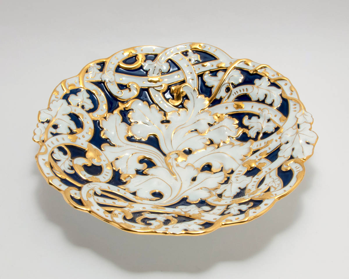 古マイセン 金飾 コバルト地 アカンサスレリーフ 装飾飾り皿 プレート