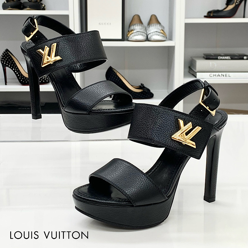 5164 ヴィトン ホライズンライン レザー LV金具 サンダル ブラック