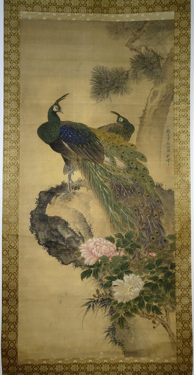 Yahoo!オークション - 【掛け軸】 岡本秋暉 「老松牡丹孔雀図」 真作