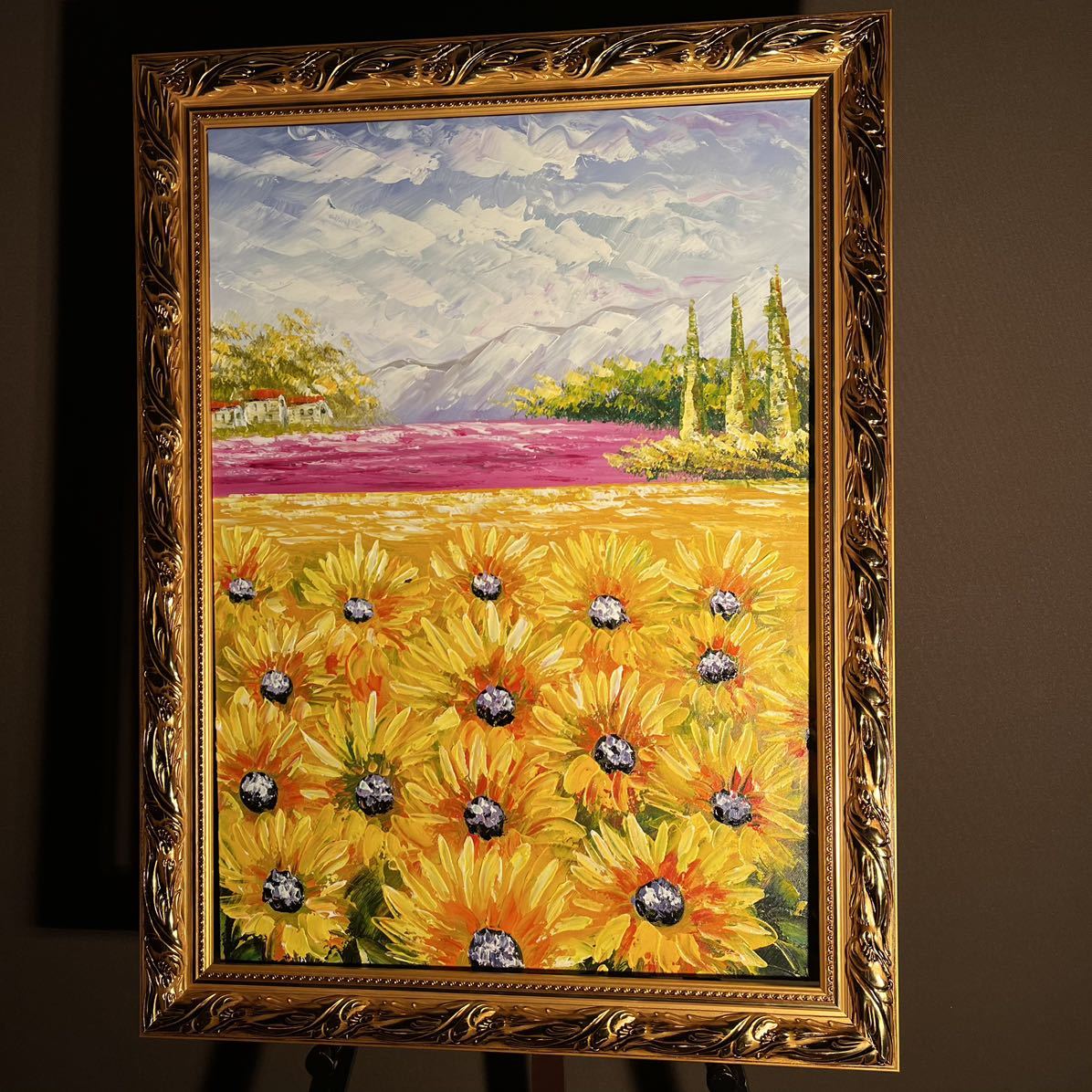 Yahoo!オークション - 手書き油絵 ひまわり畑（大）額付 絵画 インテリ