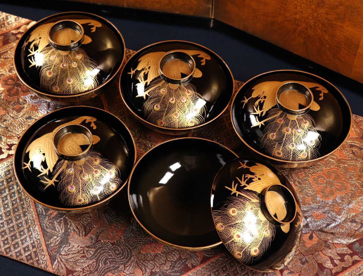 CA56 時代輪島塗 黒塗孔雀文様金蒔絵椀五客 高盛細密螺鈿細工 木製漆器