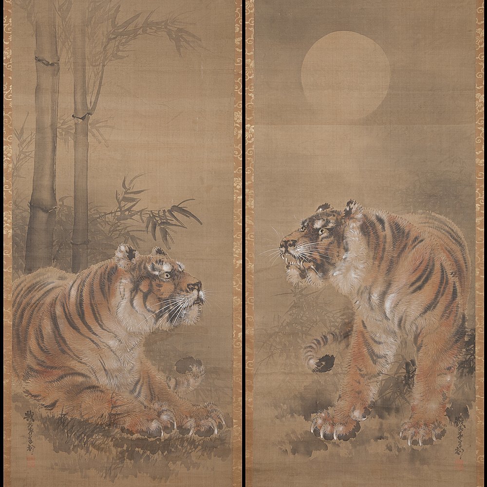 Yahoo!オークション - 【五】佐伯岸駒 双幅 虎図 絹本 彩色 真作 掛軸