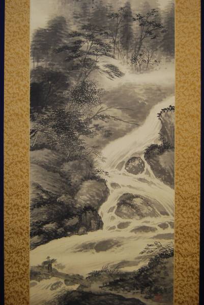 真作】//水田硯山/山水人物画賛/桐共箱付/布袋屋掛軸