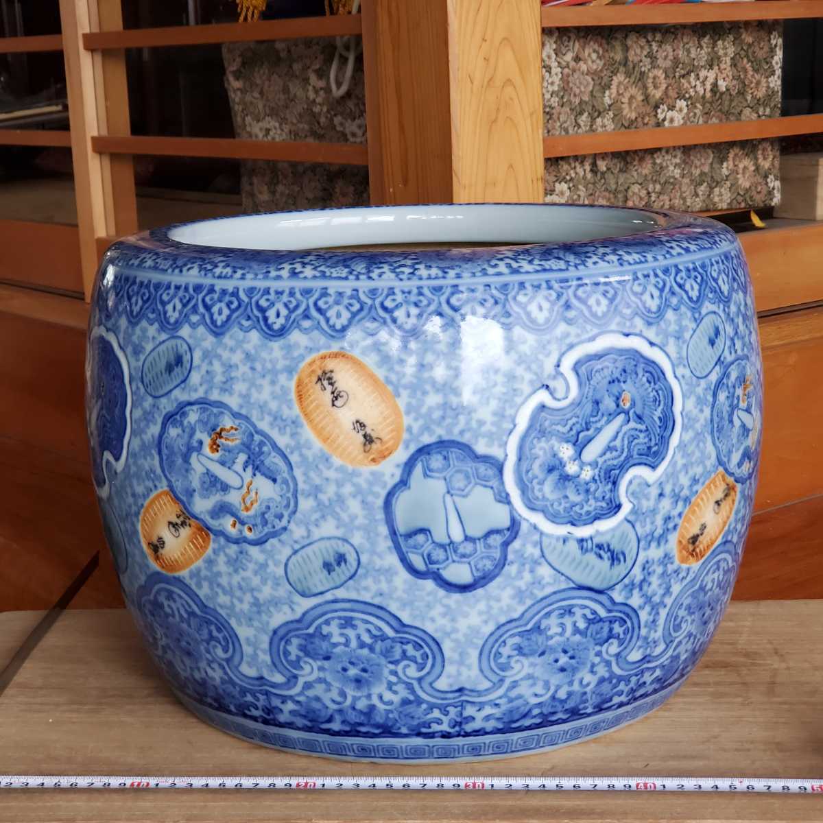 骨董 火鉢 大型 染付 睡蓮鉢 金魚 メダカ テーブル 鉢カバー 古民具