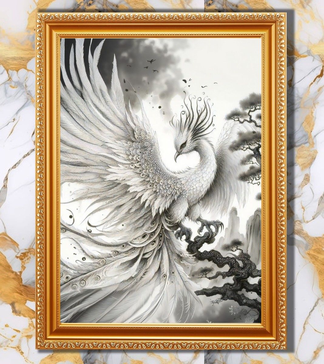 幸福と財運上昇を招く鳳凰』額縁付きグラフィック・スピリチュアル