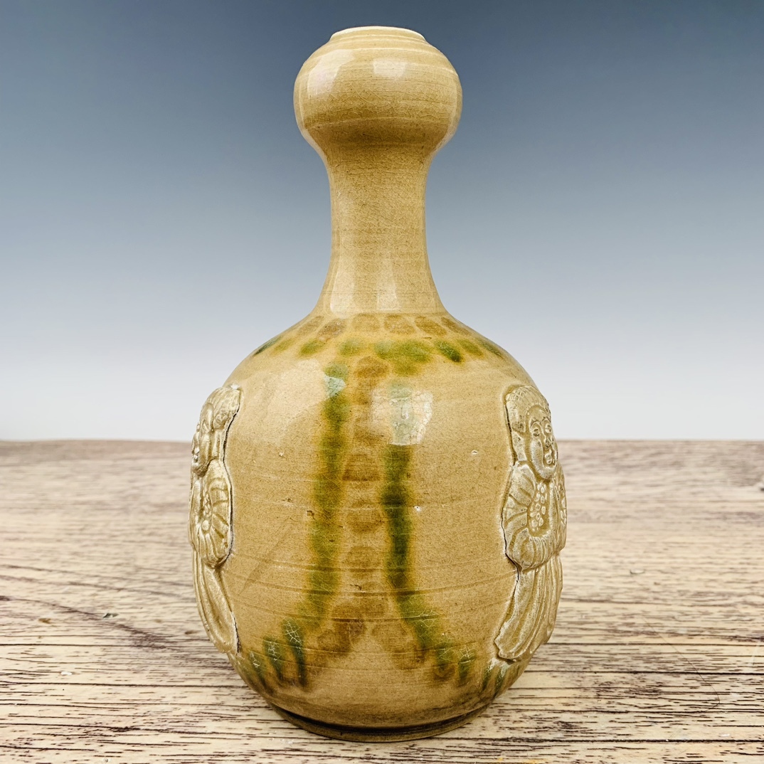 中国古玩 磁州窯 双耳扁壺 時代物唐物 青花花文双耳扁壺