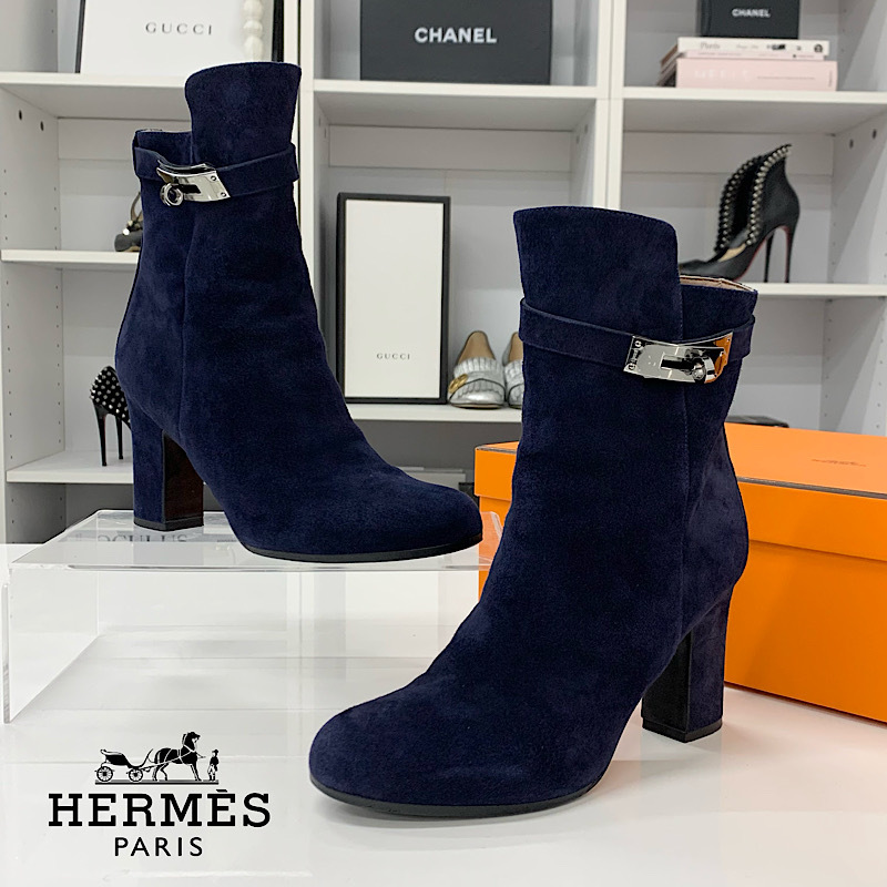 7086 エルメス スエード ぺガス ケリー金具 フラットシューズ ネイビー