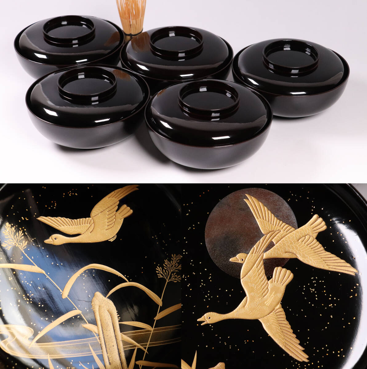 MA34 能登輪島塗 牡丹金蒔絵 黒塗 煮物椀 二客 木製漆器 高蒔絵 / 伝統