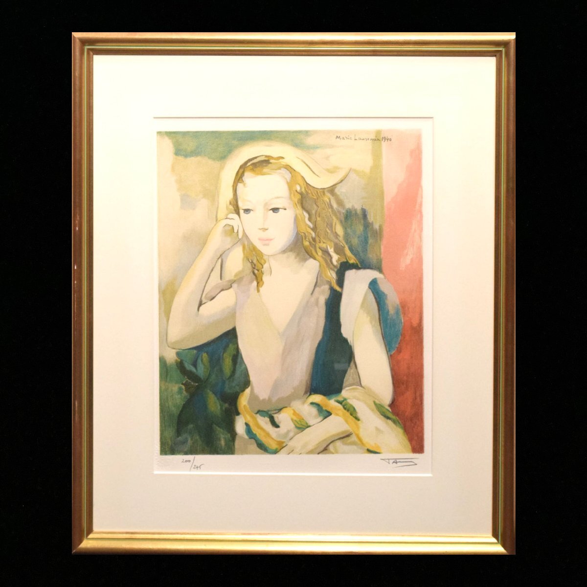 マリー•ローランサン 版画 大型額絵 作品名 少女 直筆サイン 少女<span