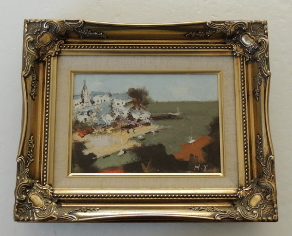 真作 友成晴雄 街角F4号 油彩画 油絵 風景画 直筆サイン 真