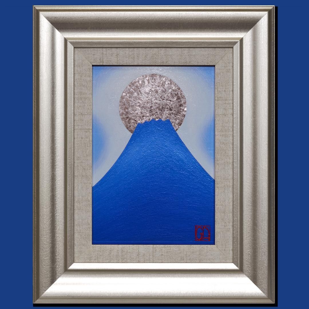 純プラチナ日本画岩絵具使用 太陽と銀の富士山 がんどうあつし絵画白
