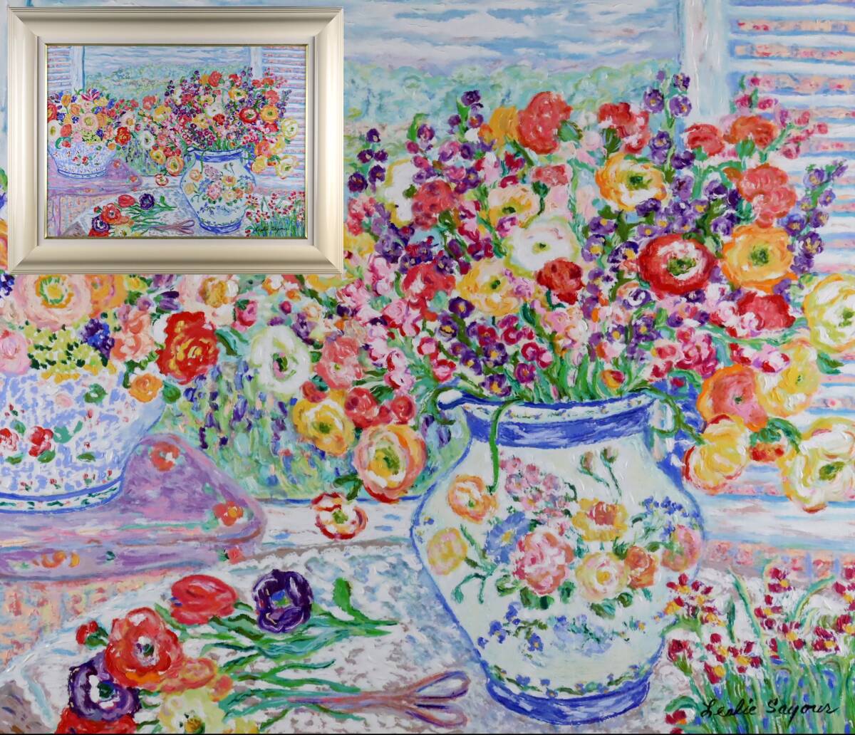 真作保証 レスリー・セイヤー「ガーデン」キャンバス油彩 20号