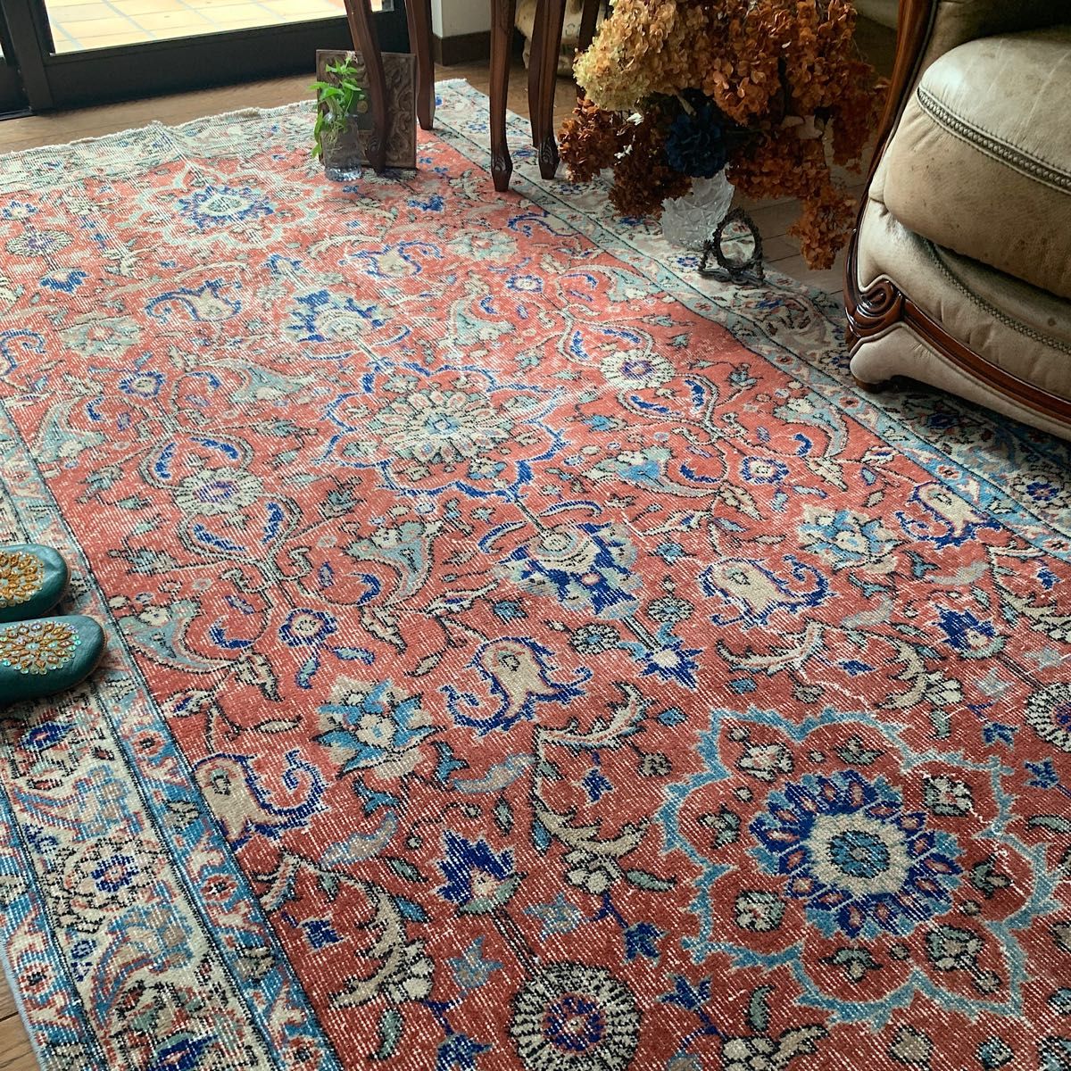 くすみオレンジ41×70 メダリオンくすみグリーントルコヴィンテージラグ