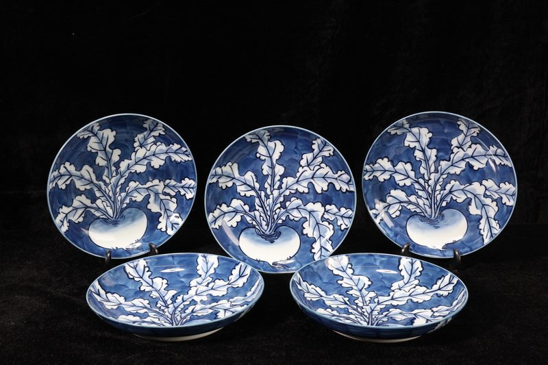 C1-6⁄源右衛門窯⁄染付牡丹絵5客組⁄共箱