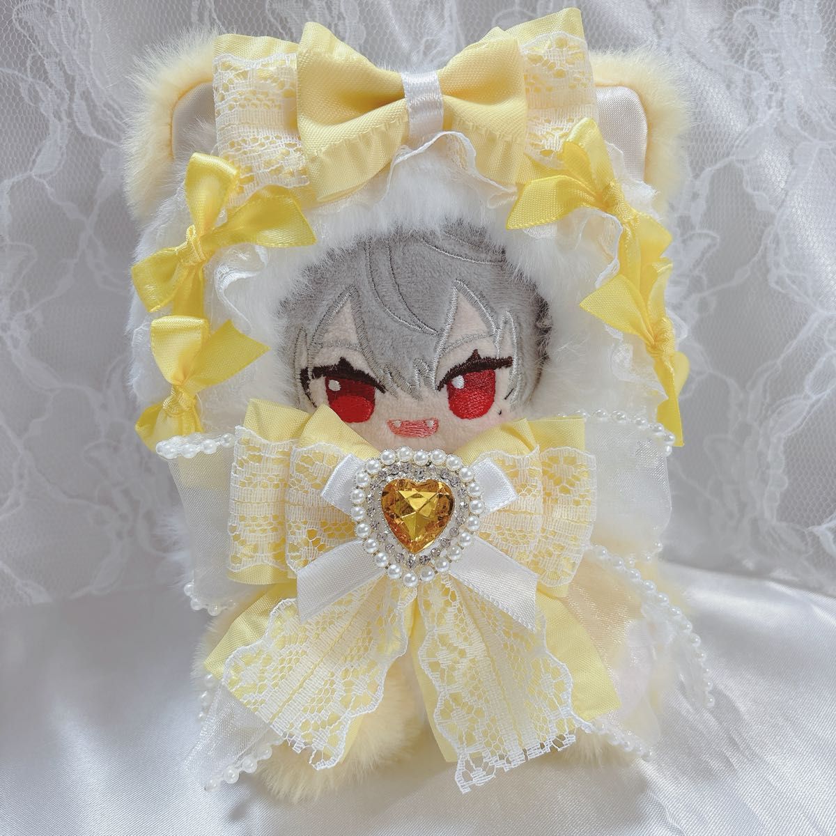 甘ロリホイップ千鳥柄×しろねこ】16cm おすわりぬい服 ピンク