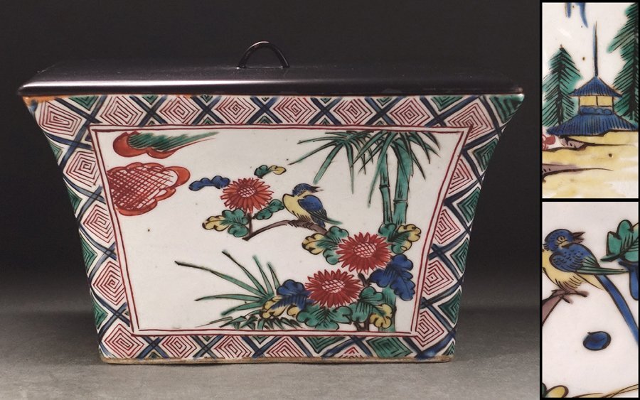 漸】江戸時代 九谷吉田屋焼 六角台座付菓子鉢 角福銘 青