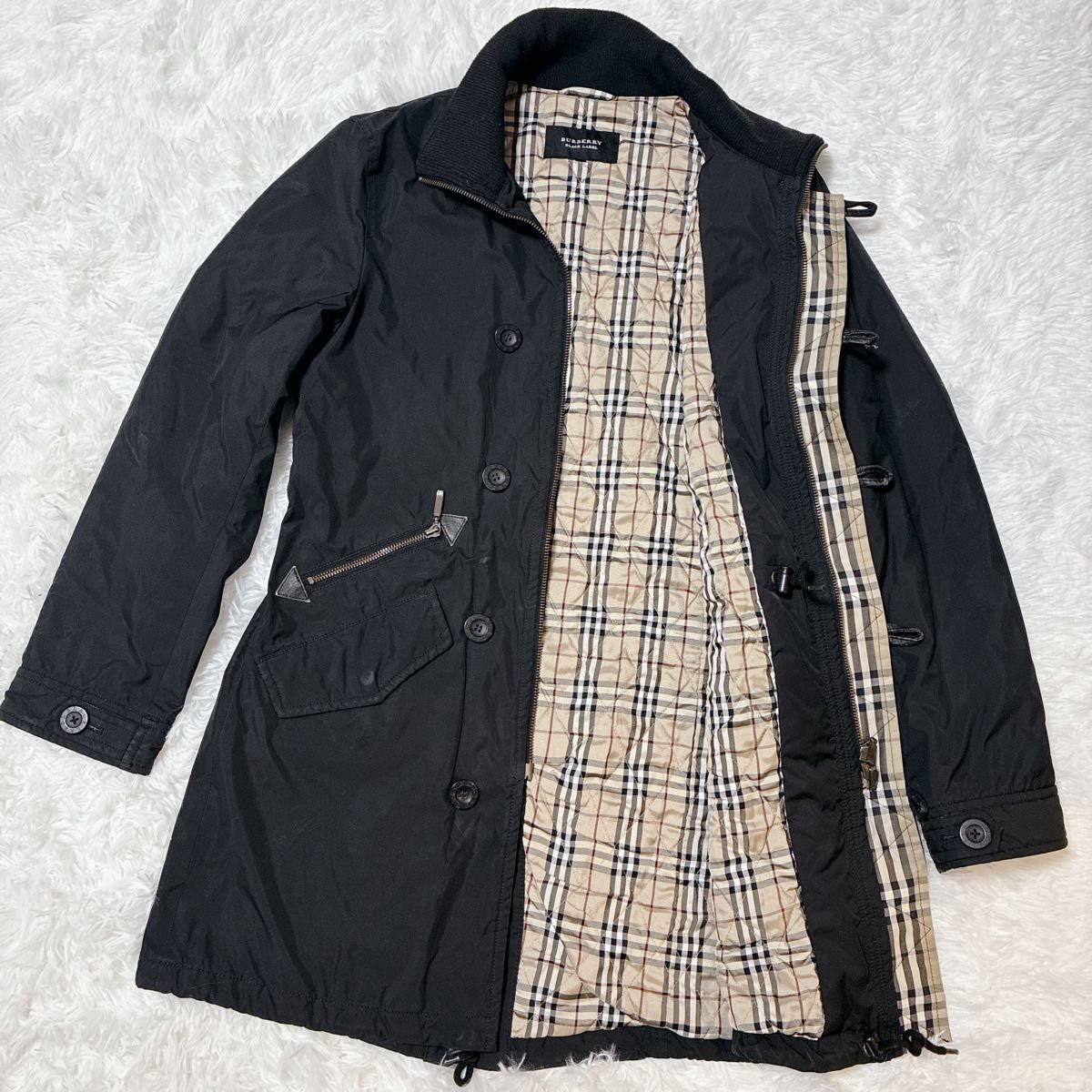 最高級 羊毛 Pコート 裏地ホワイトノバチェック ナイト刺繍入 Mサイズ