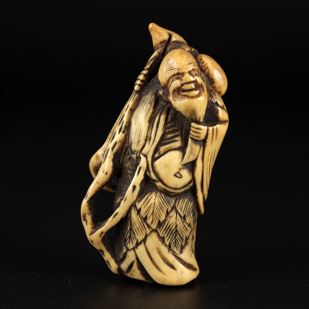 根付 寿老人と鶴 骨 牙等天然素材 銘 友三 根付 寿老人と鶴 骨 牙等