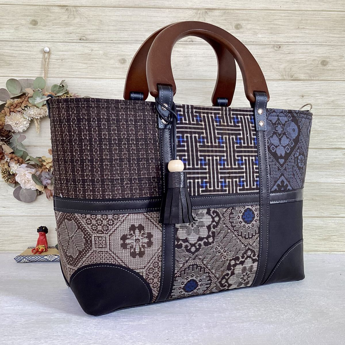 龍郷 大島紬 × 本革 着物リメイク 大きめ トートバッグ 和装バッグ