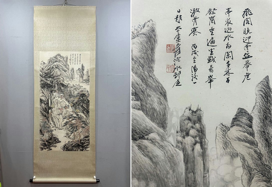 古びた蔵 張大千 拍売会購入 荷花 肉筆保証 日本表装掛軸K7 中国