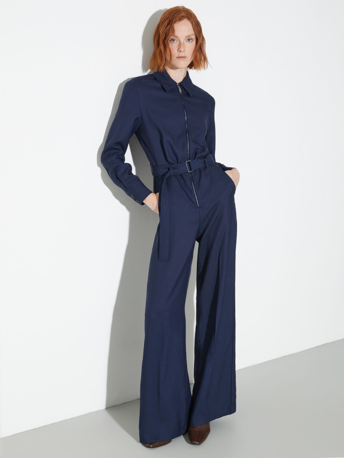 Slubby wool-blend twill jumpsuit, navy | MAX&Co.