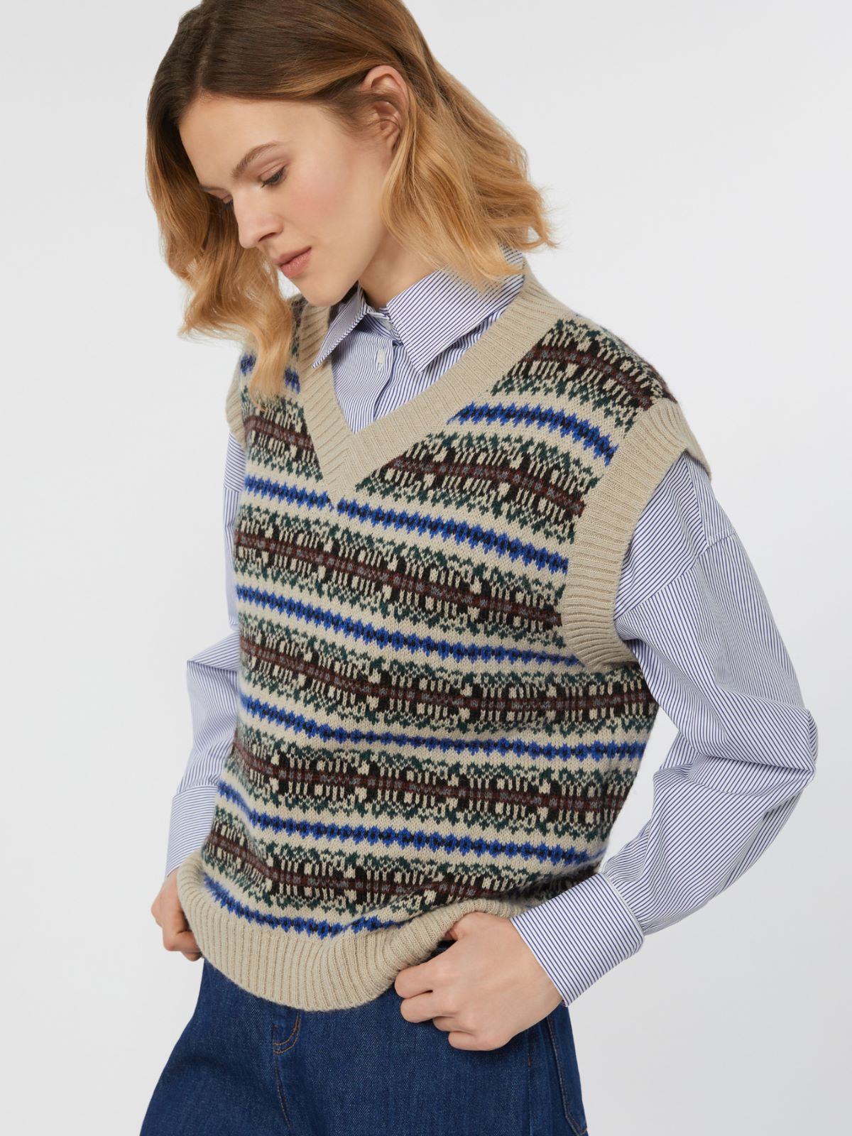 Wool and alpaca jacquard gilet, ecru | Weekend Max Mara