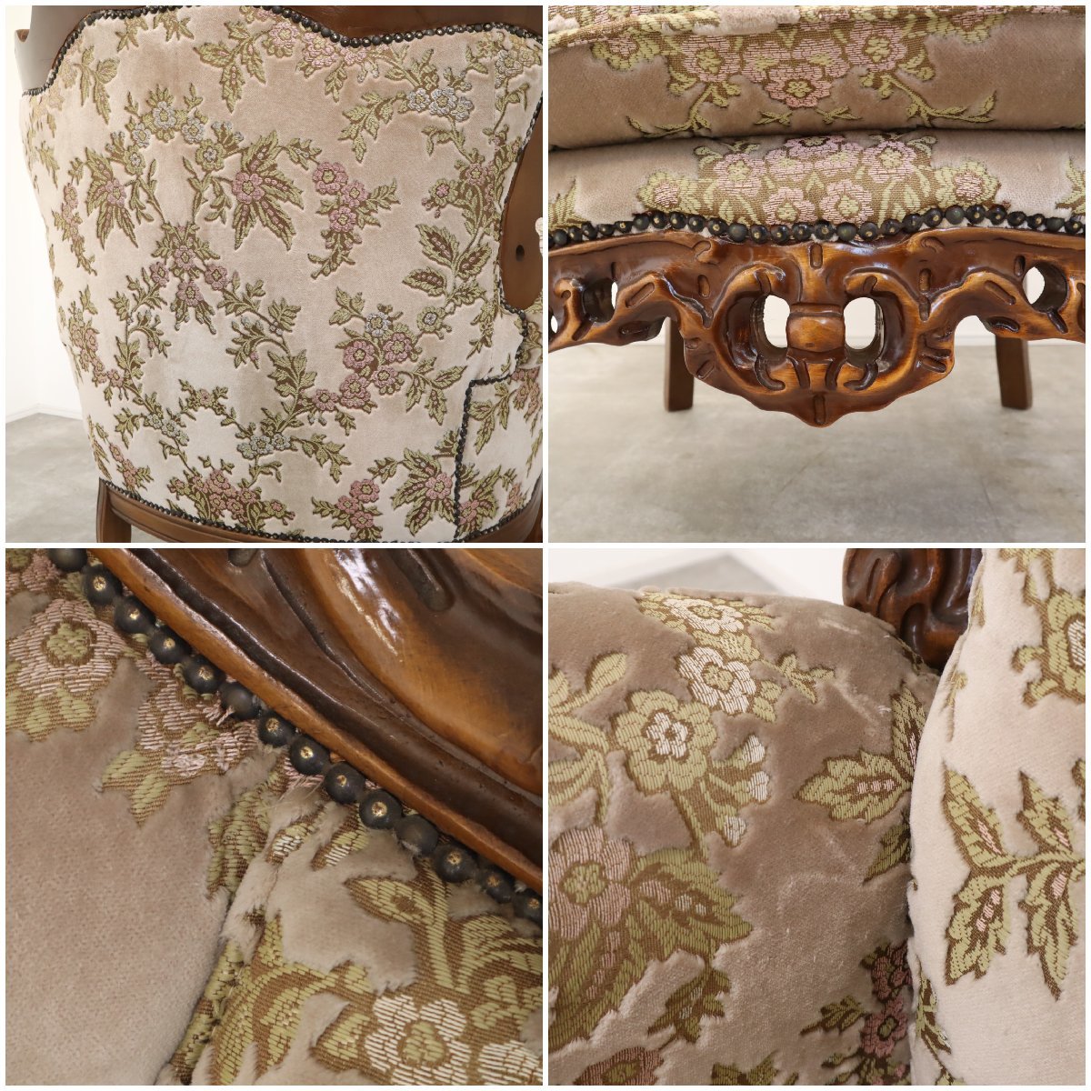 アンティーク調ソファ 1人掛けソファ ロココ調 木彫りフレーム 金華山