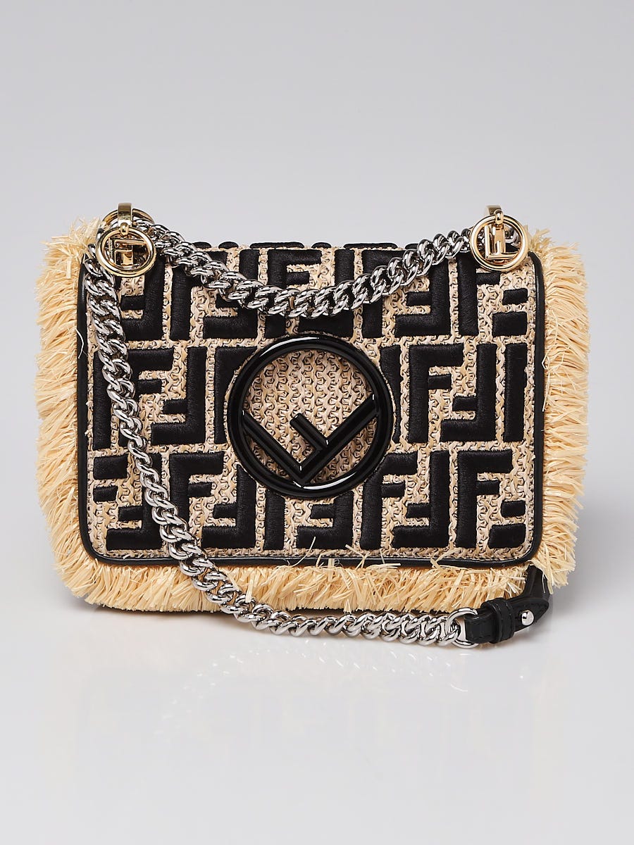 Fendi Black/Natural Raffia and Embroidered FF Small Kan I Shoulder