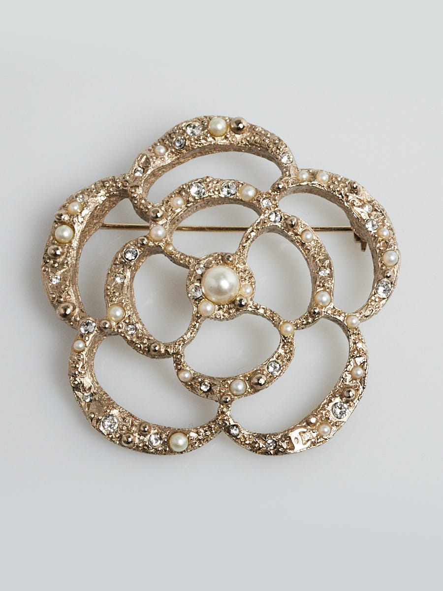 Chanel Goldtone Metal Crystal and Faux Pearl Camellia Flower