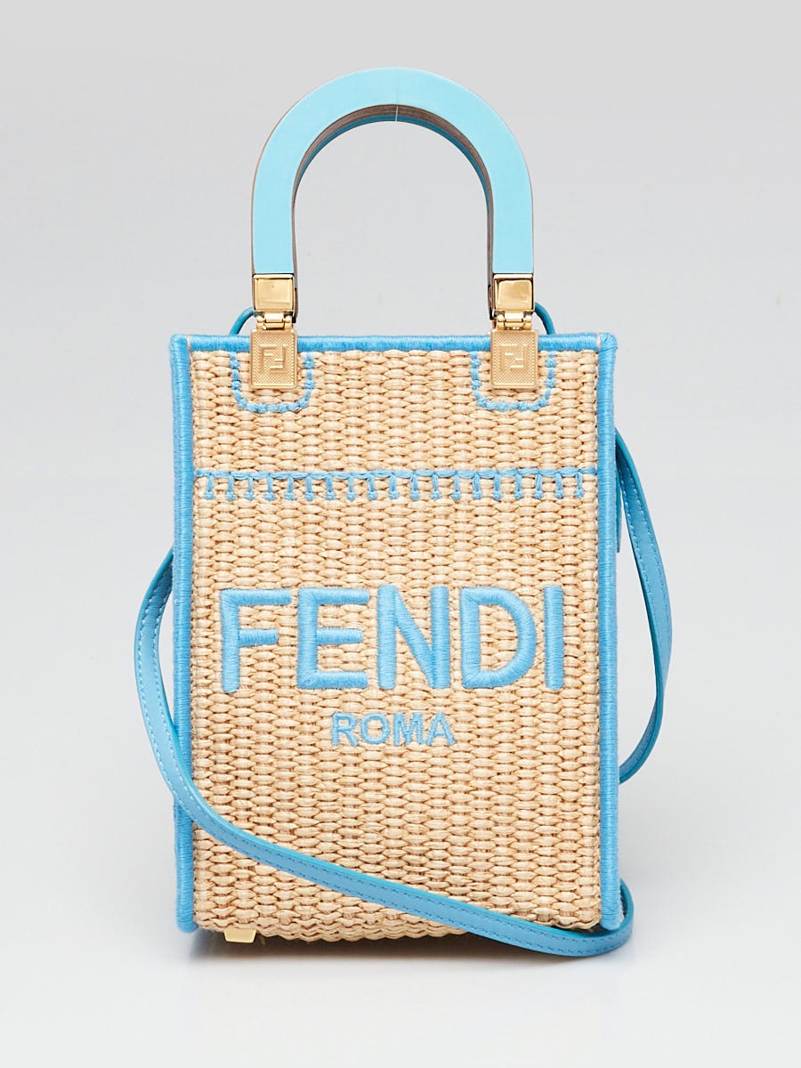 Fendi Blue Leather and Straw Sunshine Mini Crossbody Tote Bag
