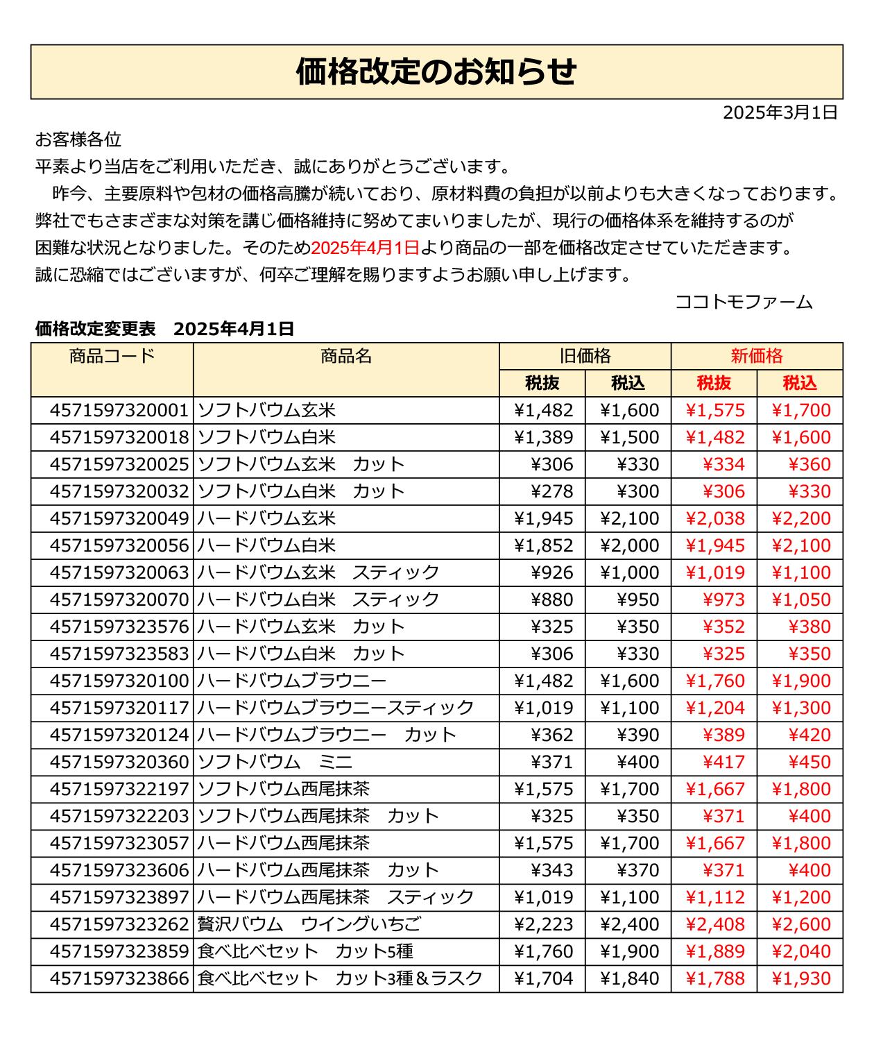 2025年4月1日より商品価格変更のお知らせ | ココトモファーム