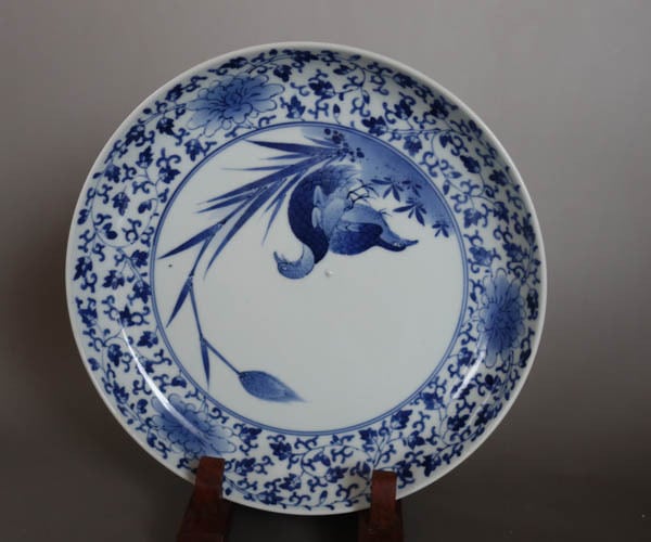 古伊万里 染付 花唐草 粟に鶉文 中皿 藍柿右衛門 江戸中期 渦福 二重角