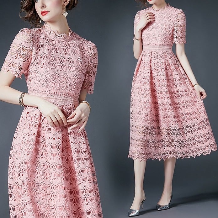 送料無料 ◇ D2013 クロッシェ シェル レース ハーフスリーブ フレア