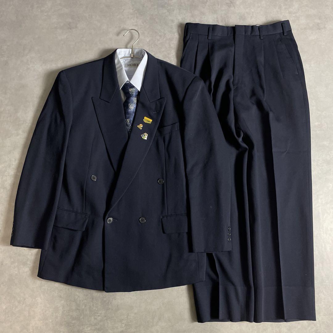 90s ヴィンテージ スーツ ダブル セットアップ 成人式vol.107ネイビー