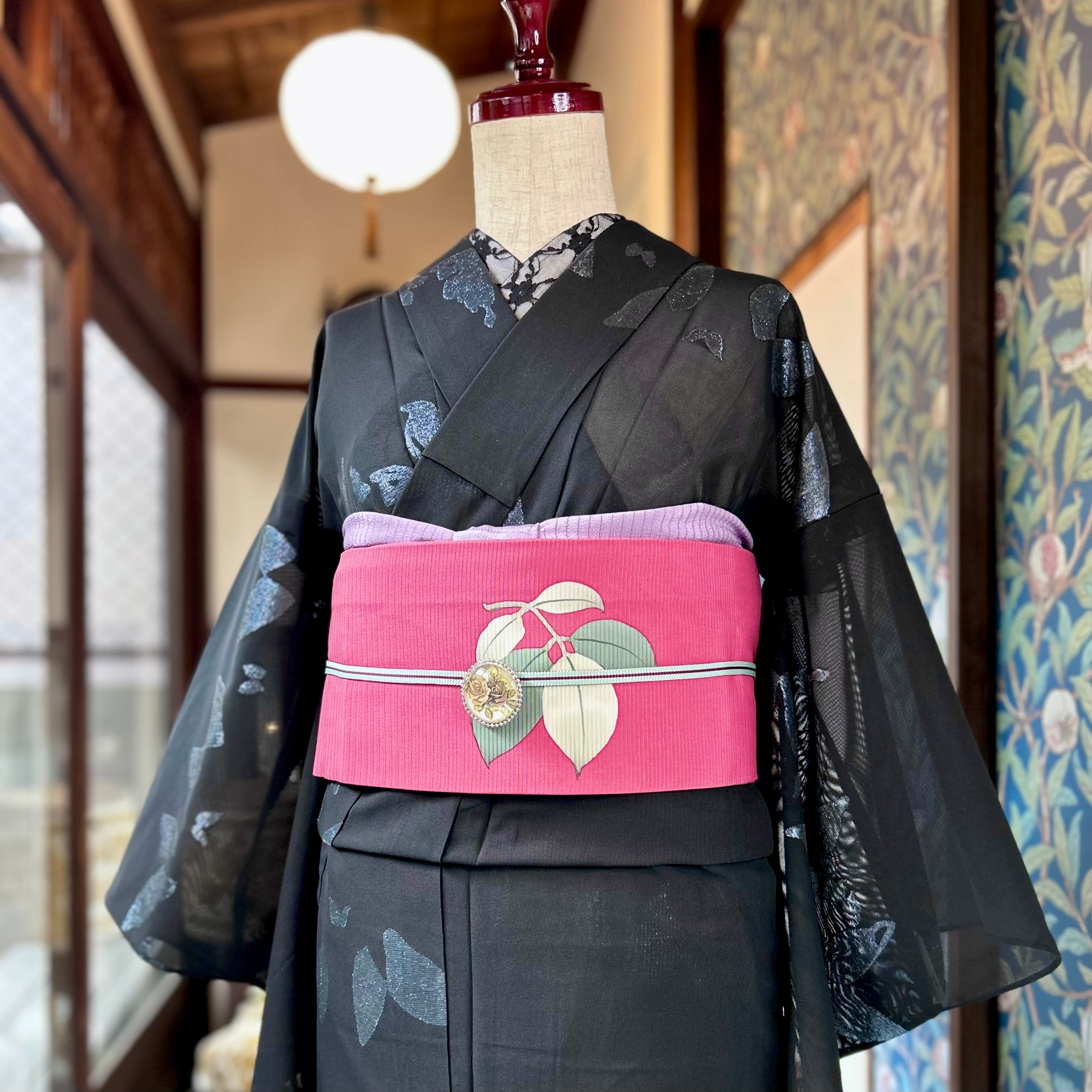 Butterfly＊夏着物 お召＊マジョリカお召 蝶 黒 セミアンティーク夏