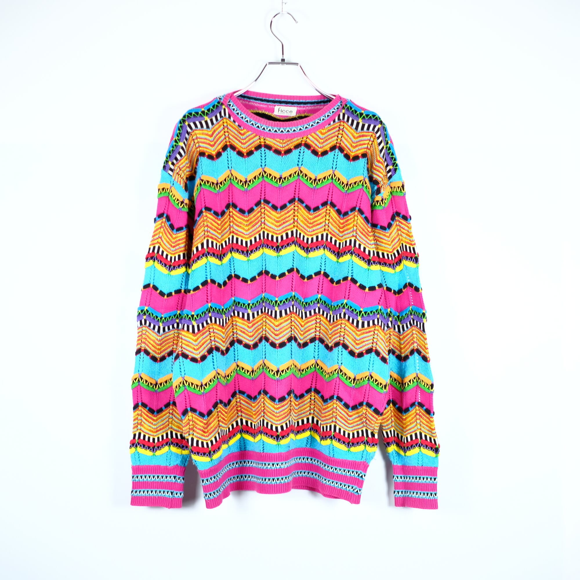 FICCE 1980s 総柄3Dニットセーター アート フィッチェ 古着屋 | vintageano
