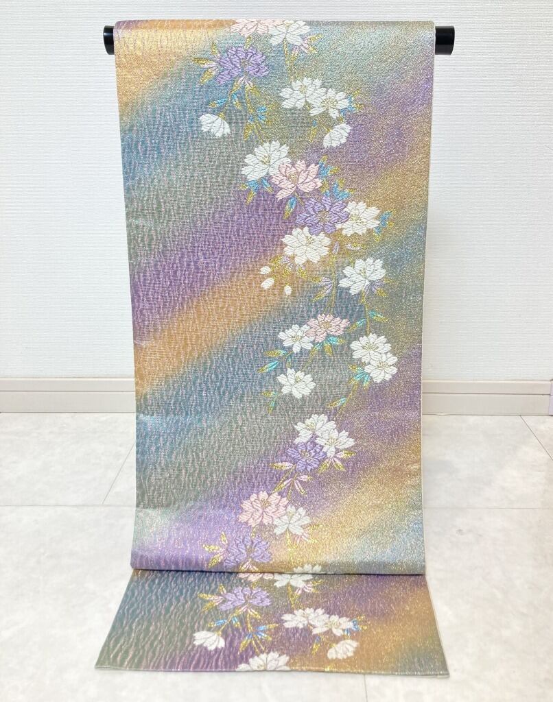 花柄 袋帯 紫 緑 袋帯 花柄 紫 緑 華天 鵞絨 莫臥