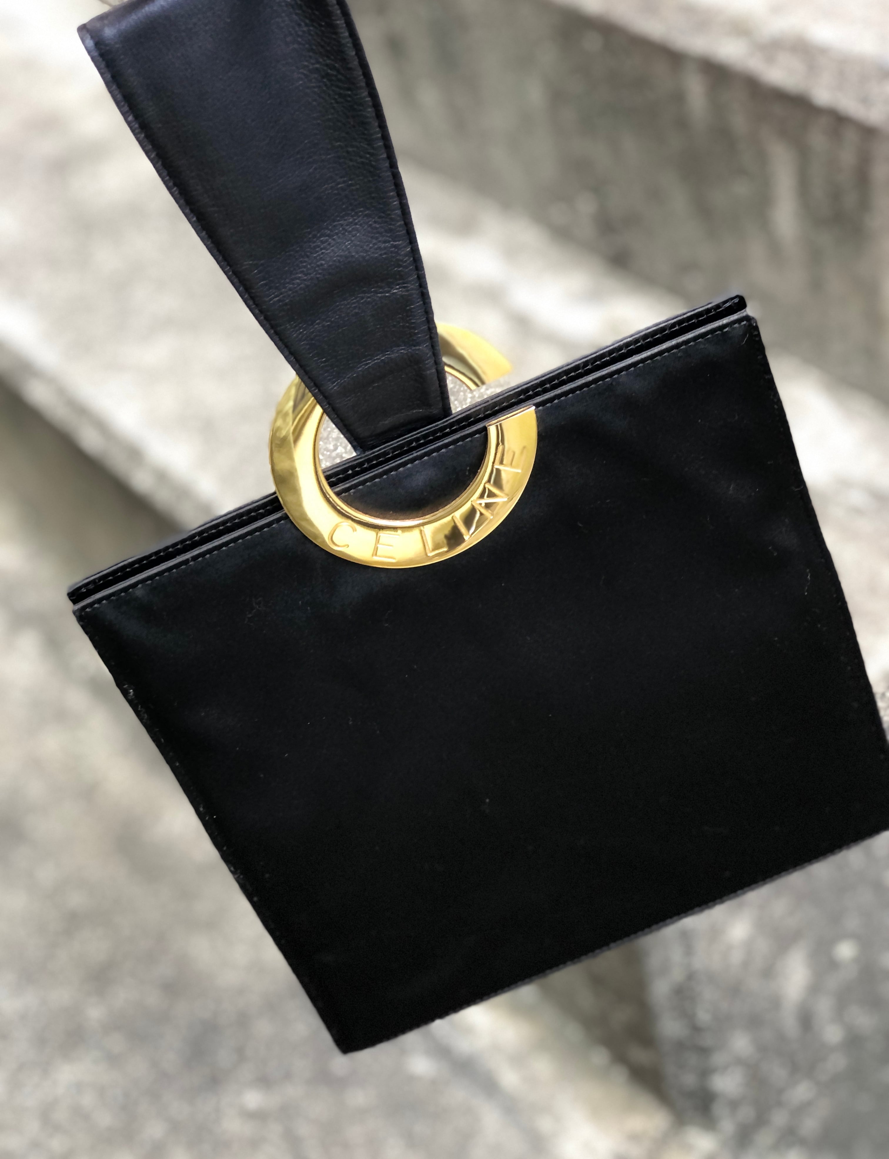 CELINE セリーヌ ロゴサークルモチーフ サテン×レザー ワンハンドル