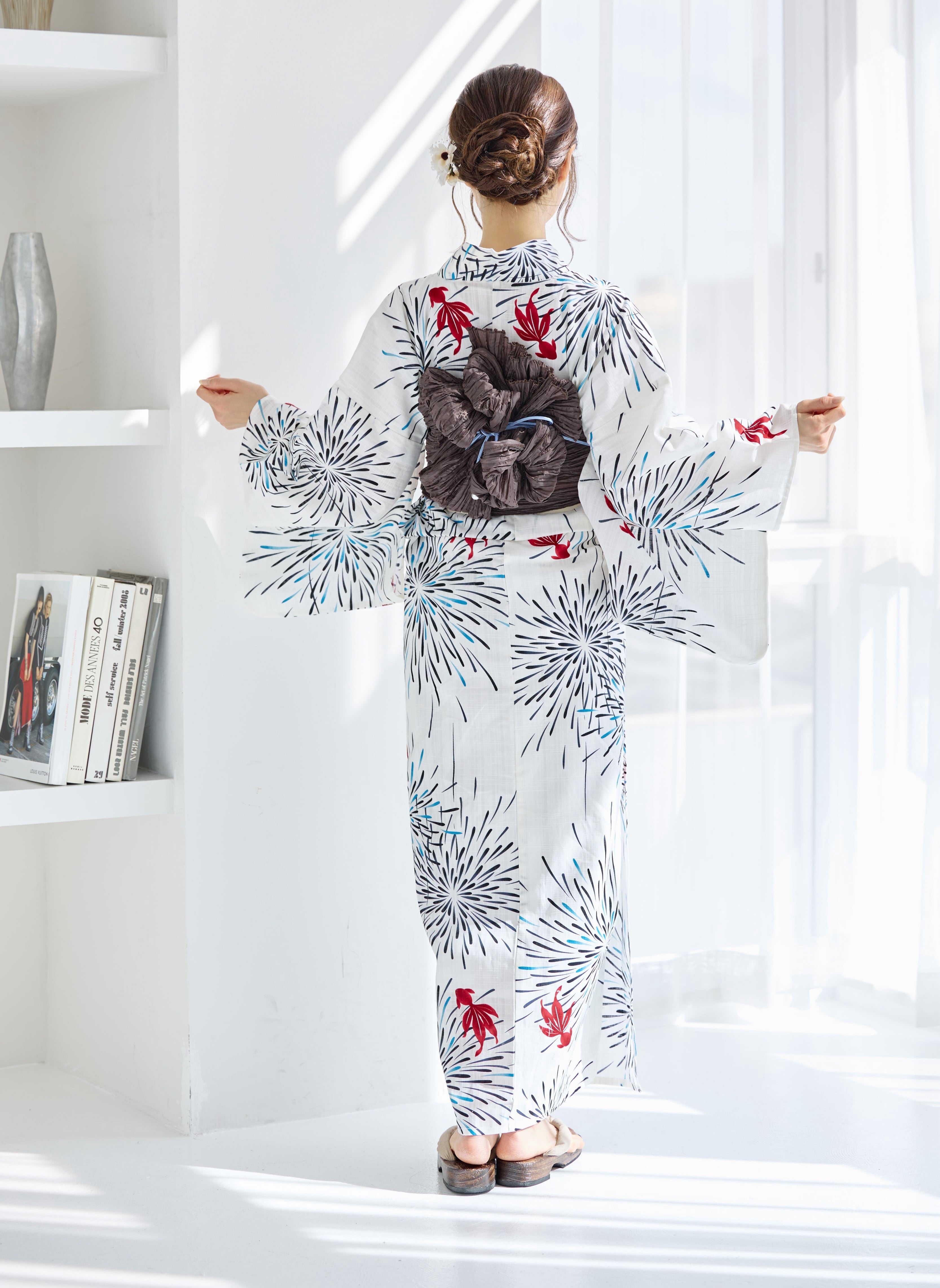 高級浴衣4点set赤金魚の夏花火 【帯チャコールグレー】Y4-35 | ANDESIR